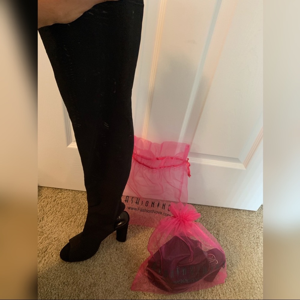 Fashion Nova black thigh high open toe boots